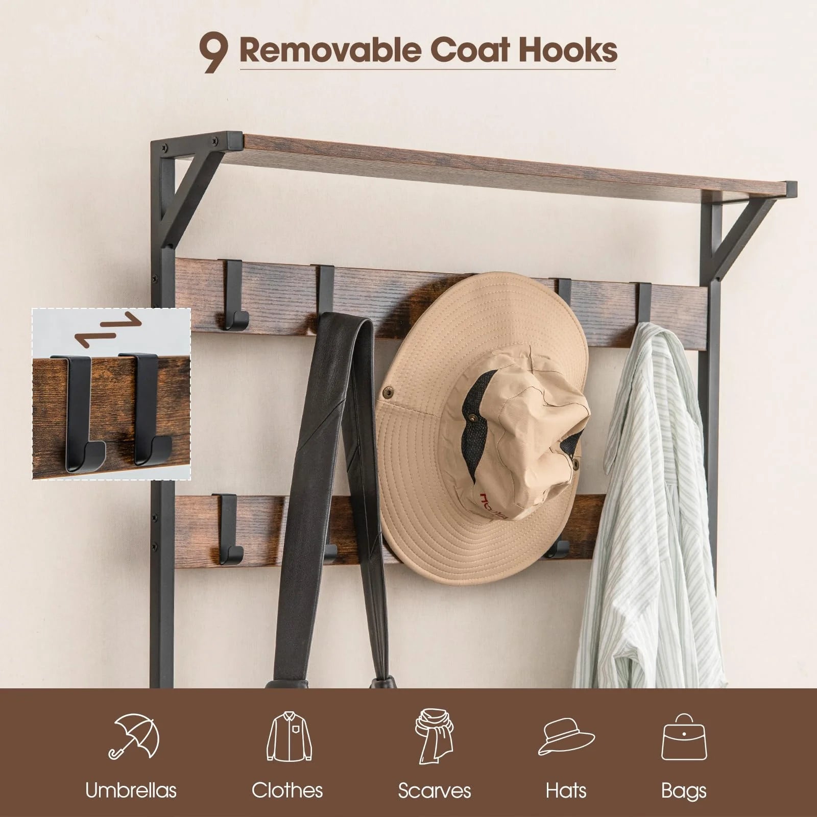Tangkula Hall Tree with Bench and Shoe Storage, 3-in-1 Industrial Entryway Bench with Coat Rack