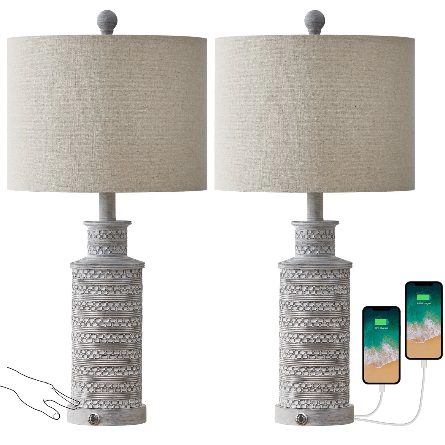 Oneach 3 Way Dimmable Table Lamp Set of 2 with USB Ports for Bedroom Living Room 24.5" Vintage Rustic Farmhouse Touch Control Nightstand Bedside Lamps Resin (Bulbs)